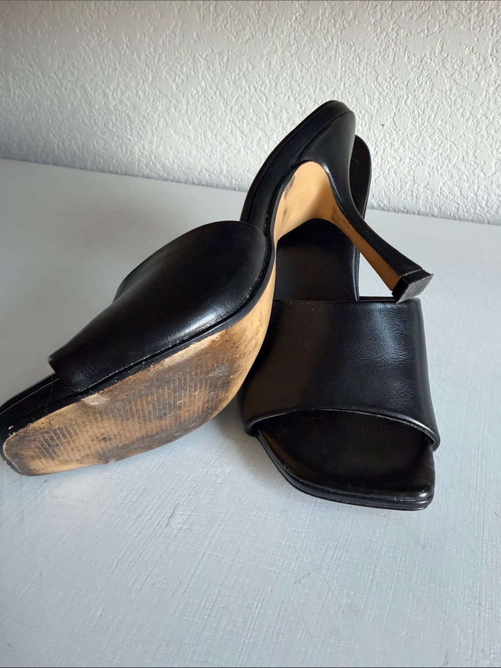 Express Black Leather Open-Toe Mule Heels - Picture 3 of 5